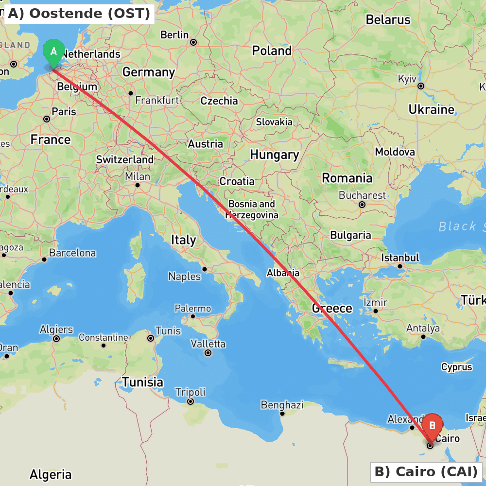 Flight route map from Oostende to Cairo