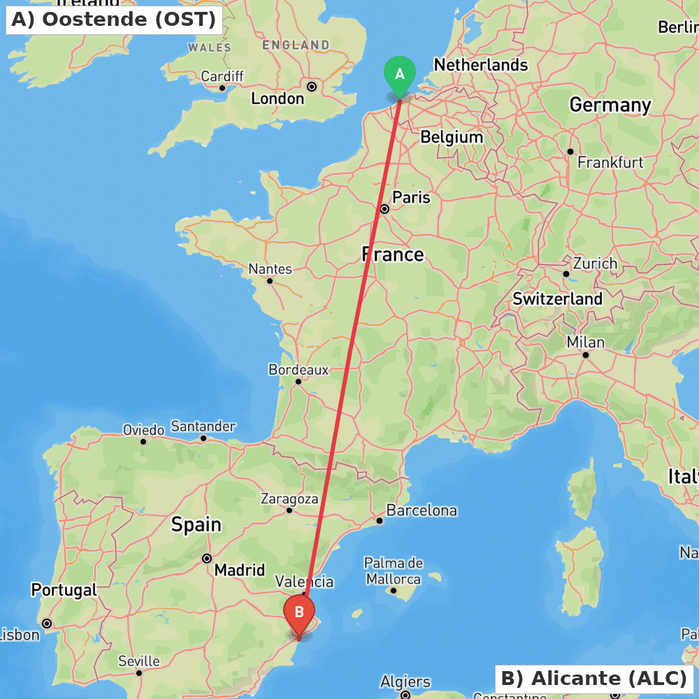 Flight route map from Oostende to Alicante