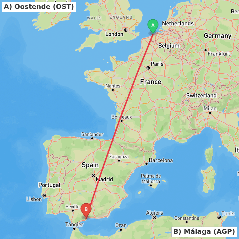 Flight route map from Oostende to Málaga