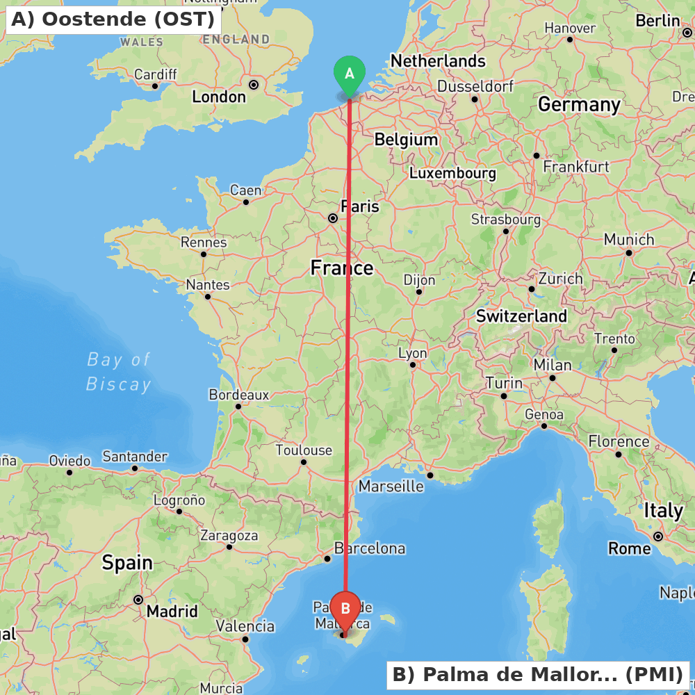 Flight route map from Oostende to Palma de Mallorca