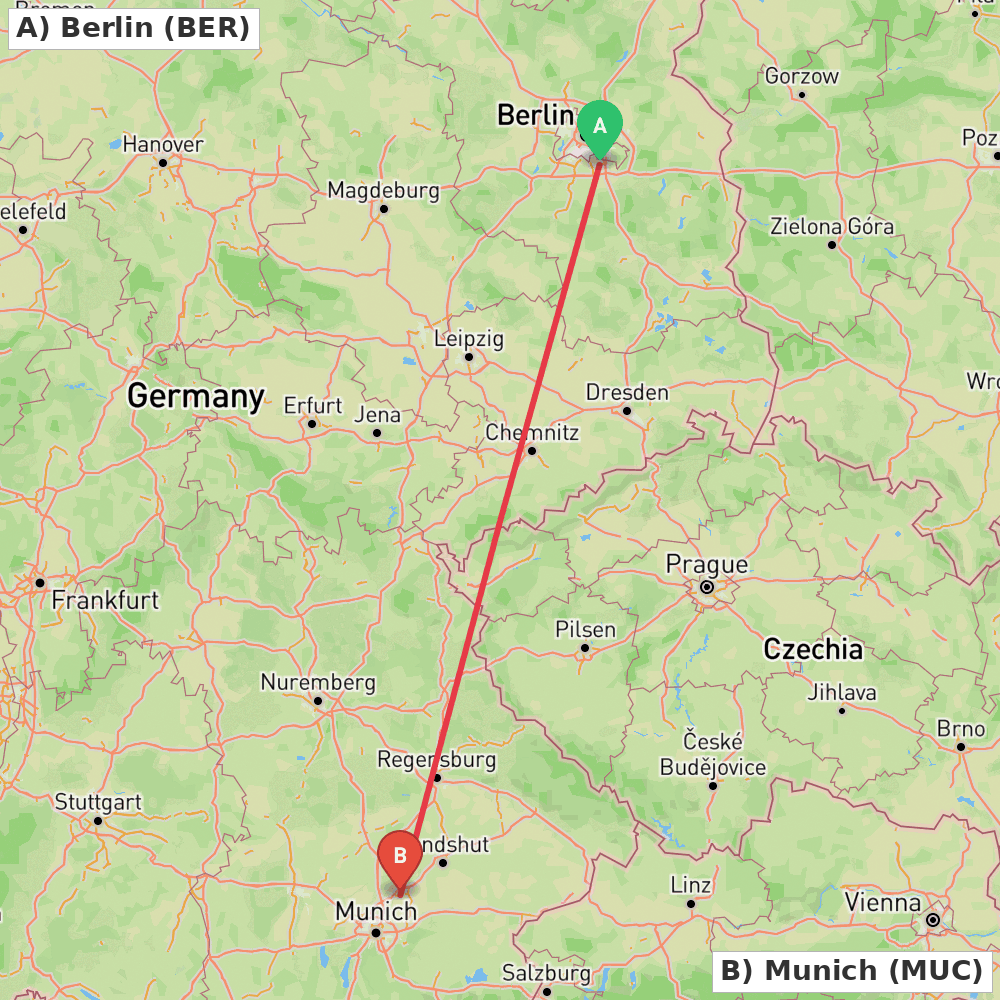 Flight route map from Berlin to Munich