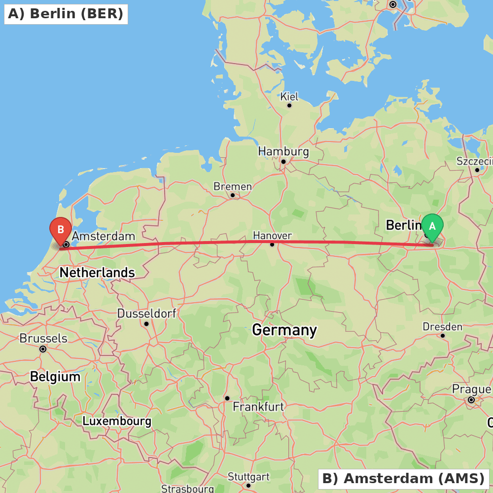 Flight route map from Berlin to Amsterdam