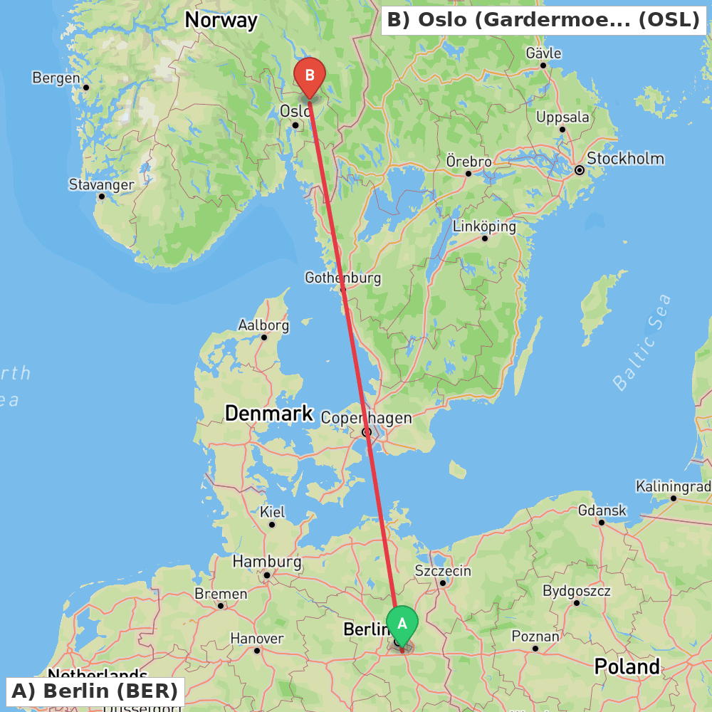 Flight route map from Berlin to Oslo (Gardermoen)