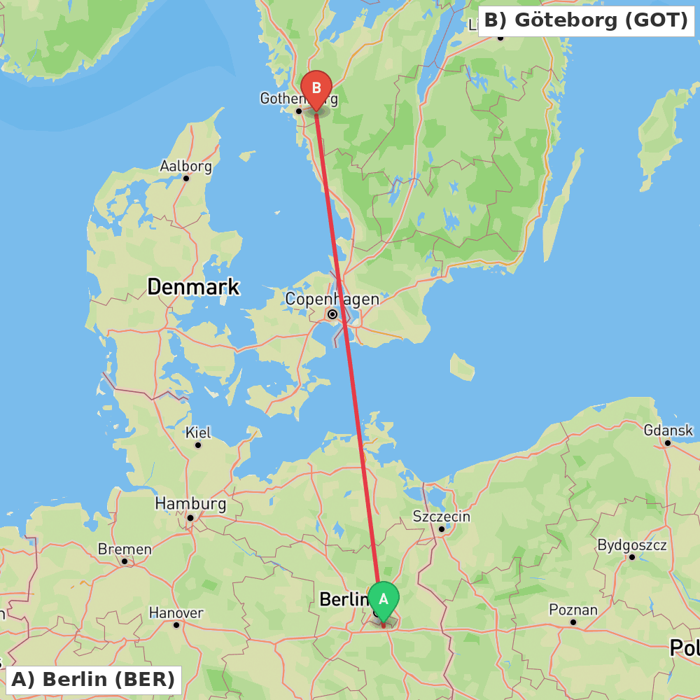 Flight route map from Berlin to Göteborg