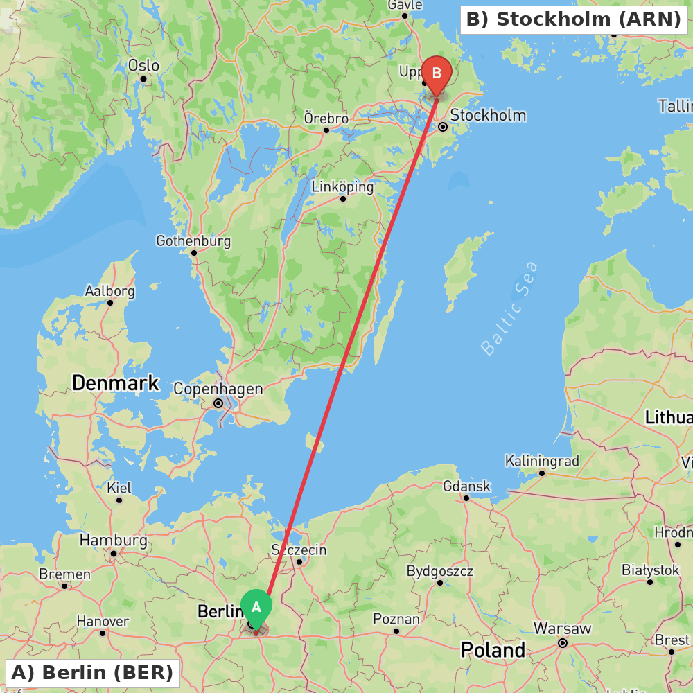 Flight route map from Berlin to Stockholm