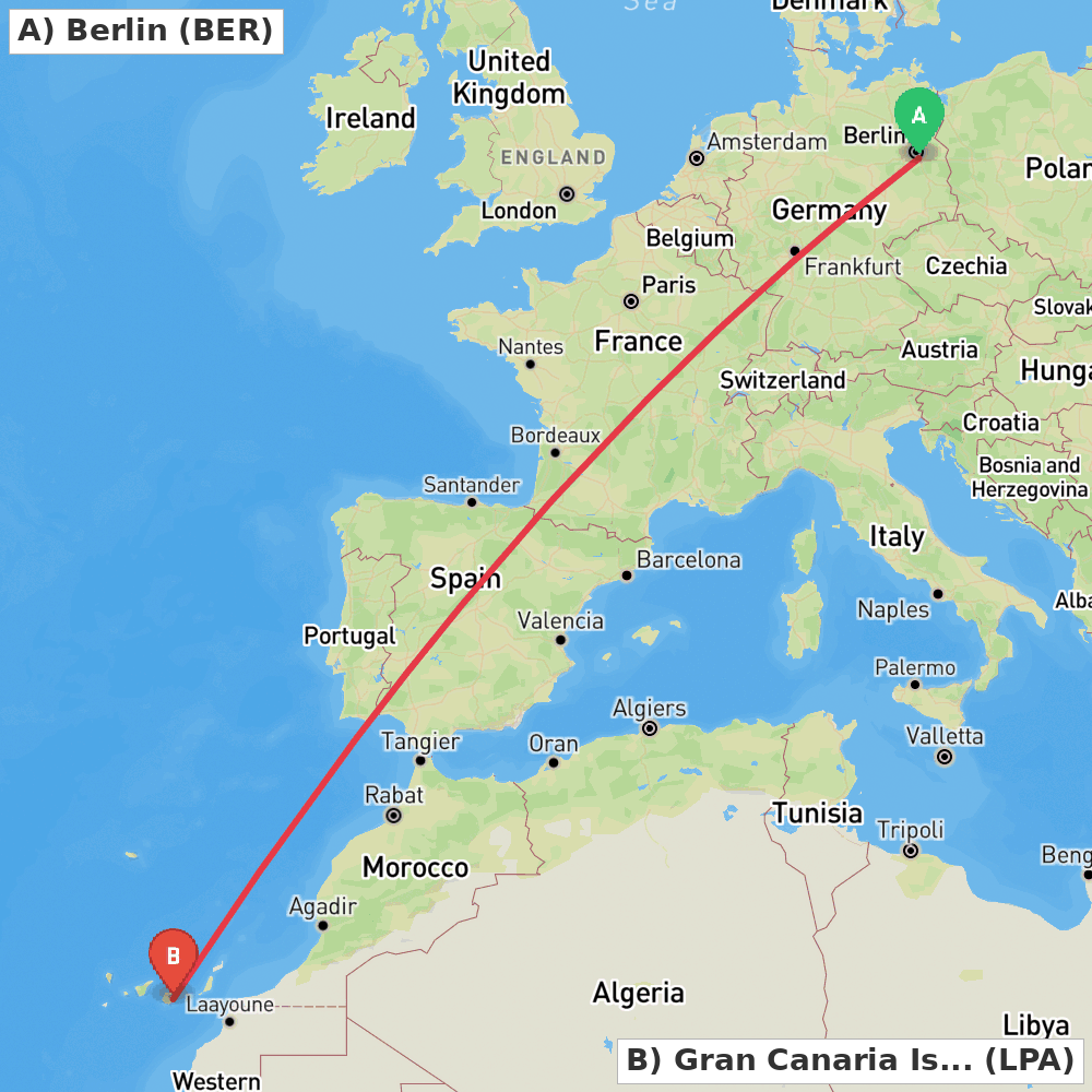 Flight route map from Berlin to Gran Canaria Island