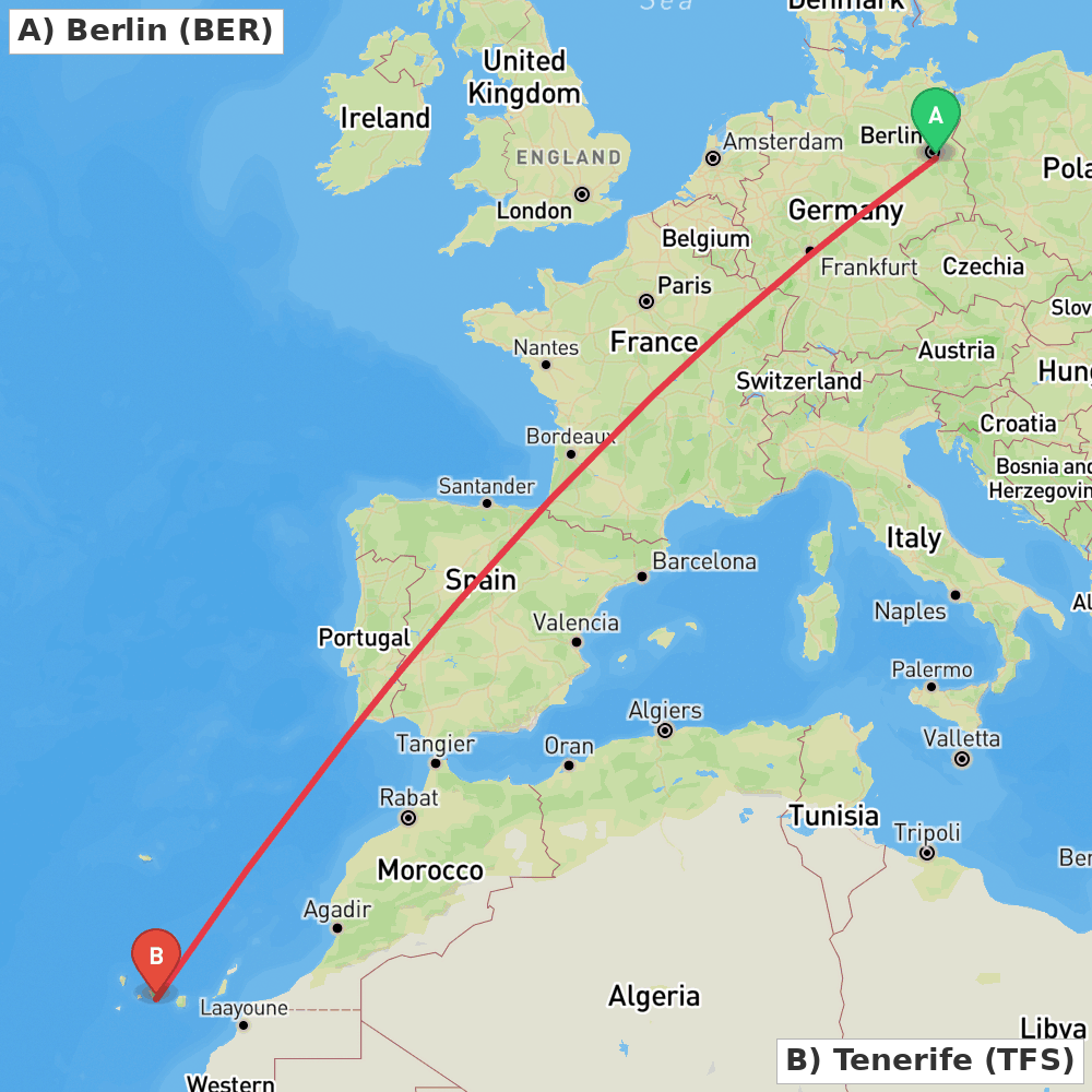Flight route map from Berlin to Tenerife