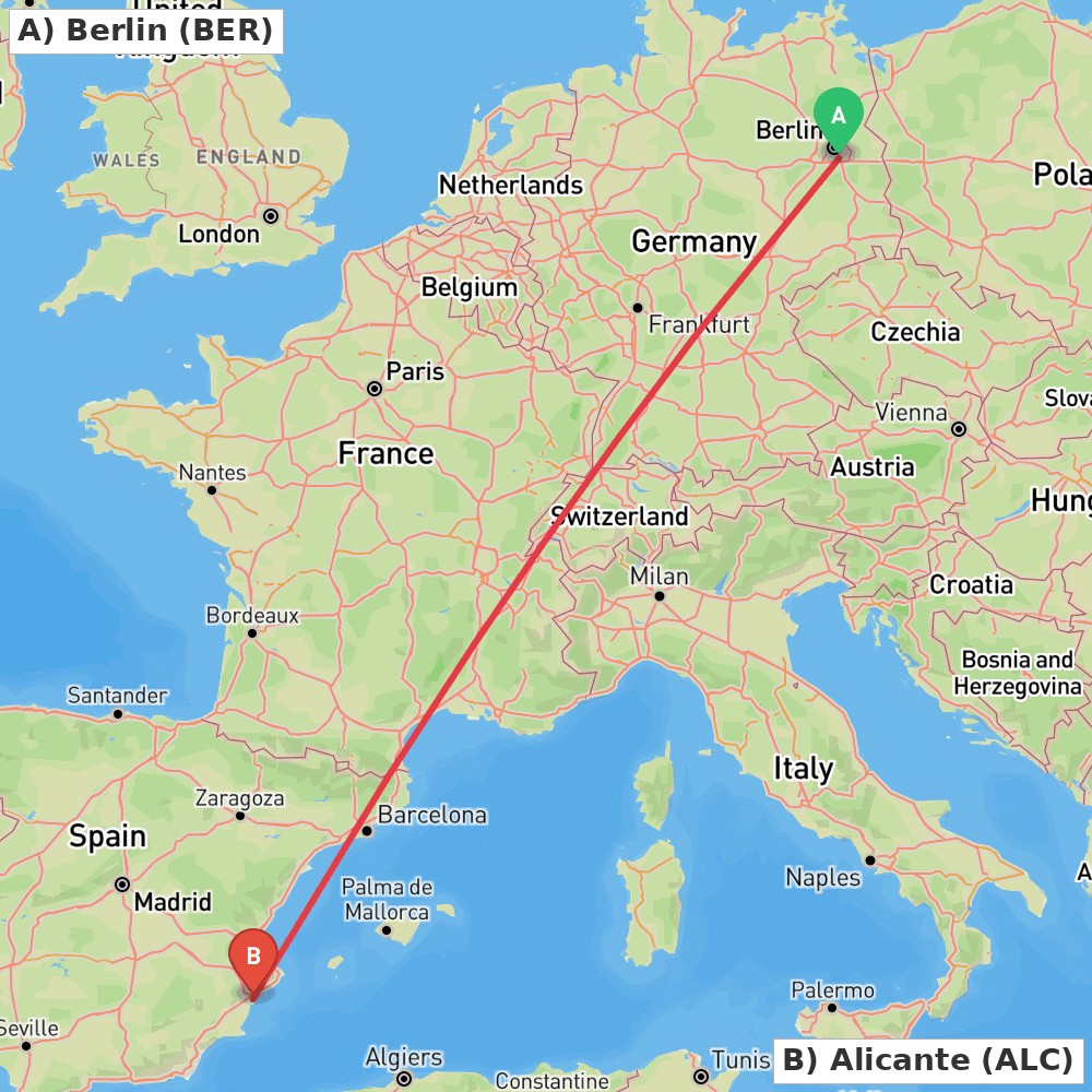 Flight route map from Berlin to Alicante