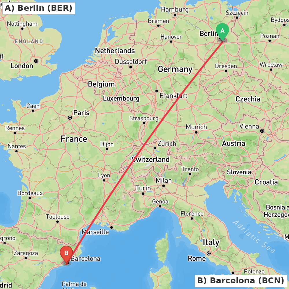 Flight route map from Berlin to Barcelona