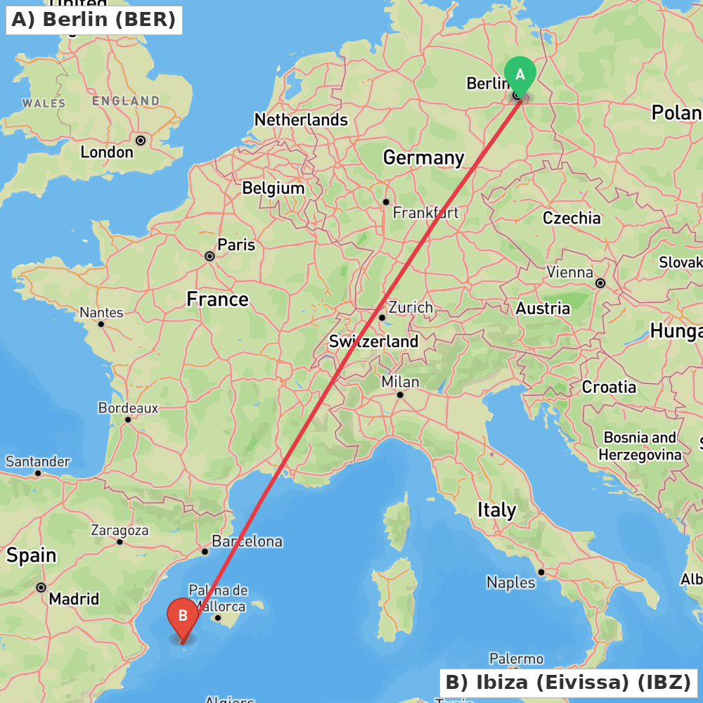 Flight route map from Berlin to Ibiza (Eivissa)