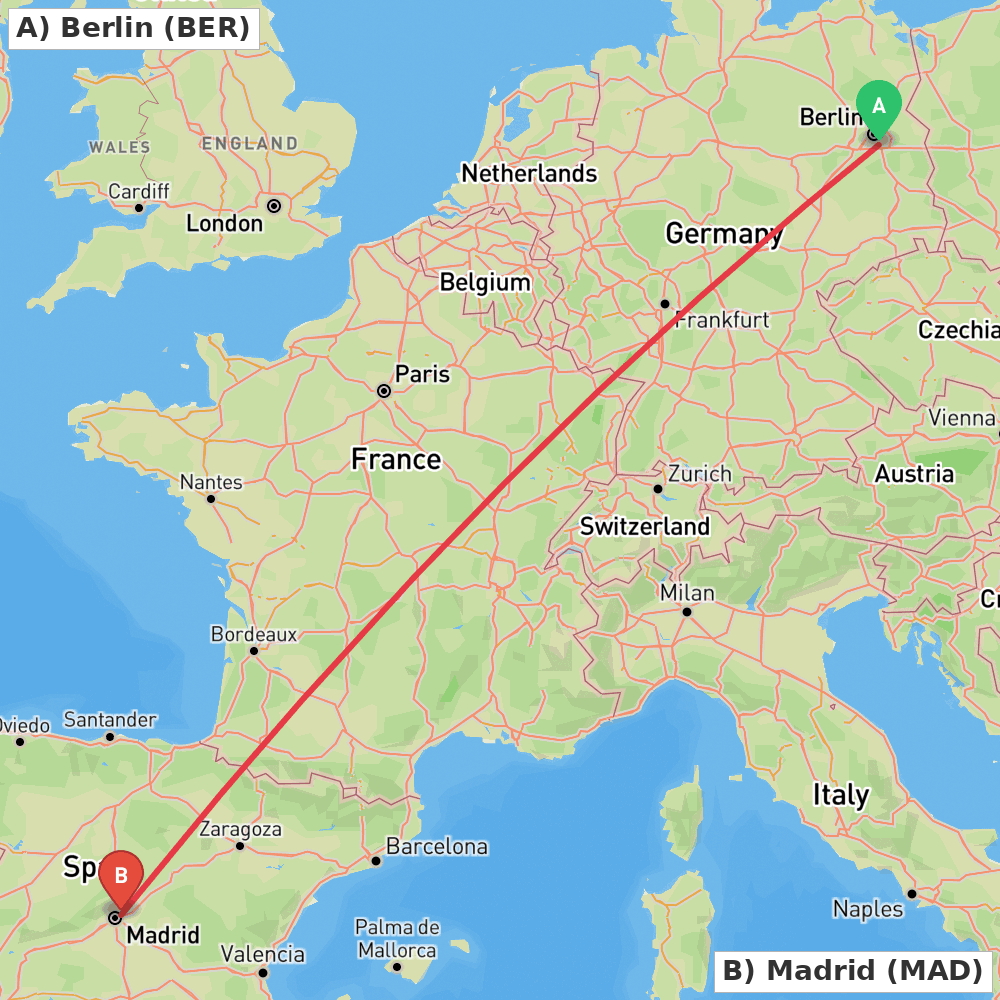 Flight route map from Berlin to Madrid