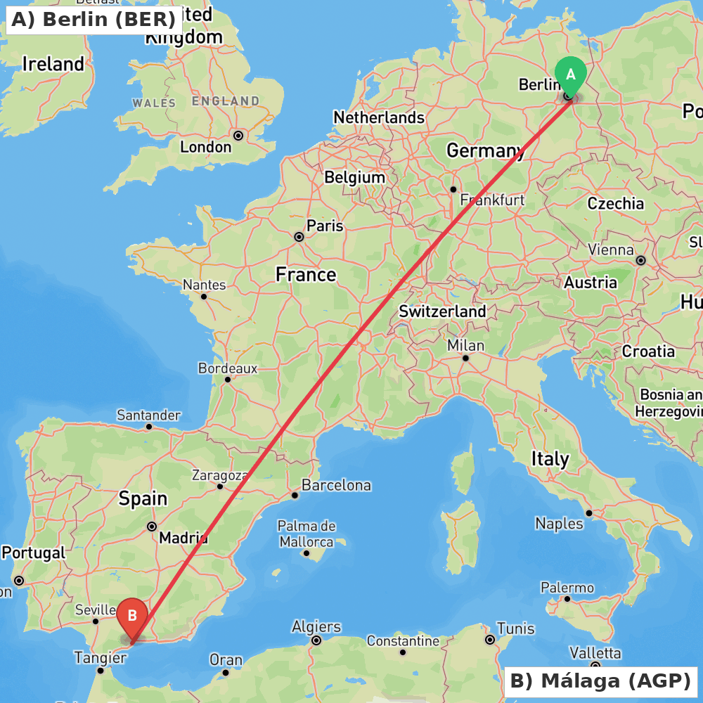 Flight route map from Berlin to Málaga
