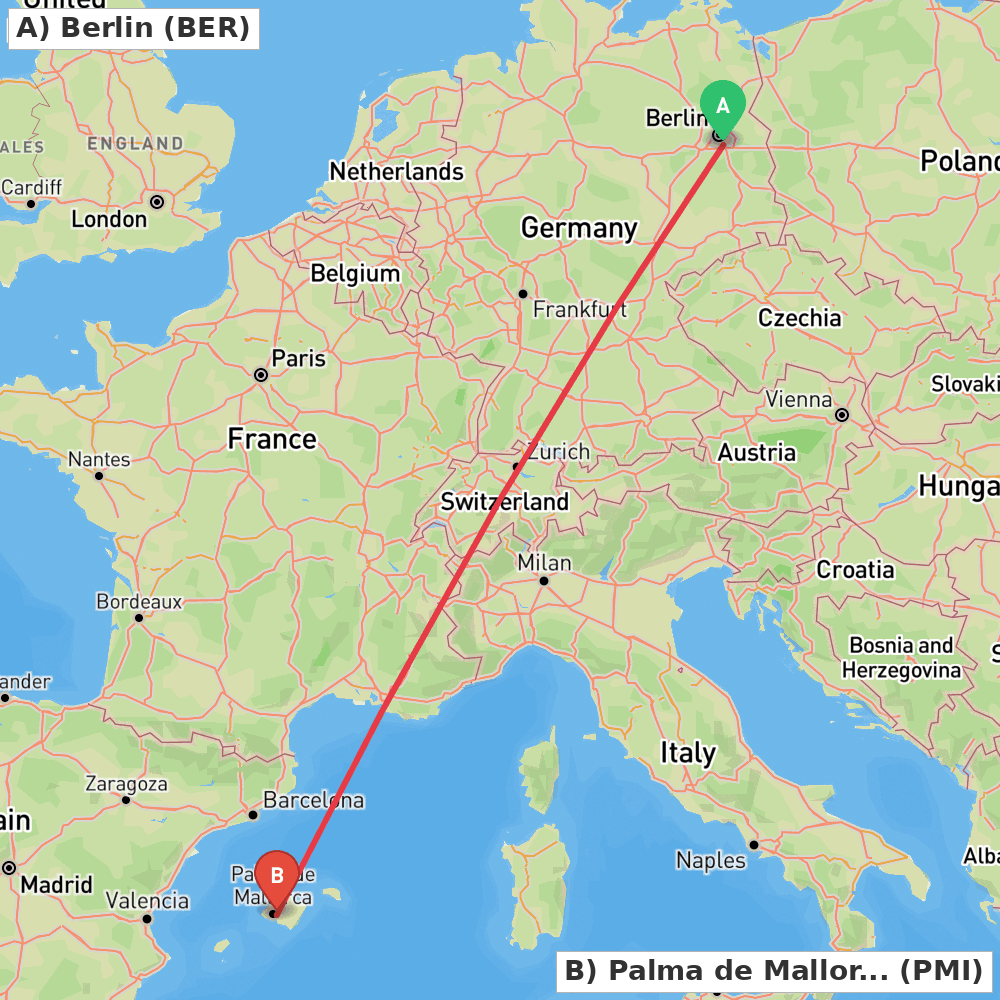 Flight route map from Berlin to Palma de Mallorca