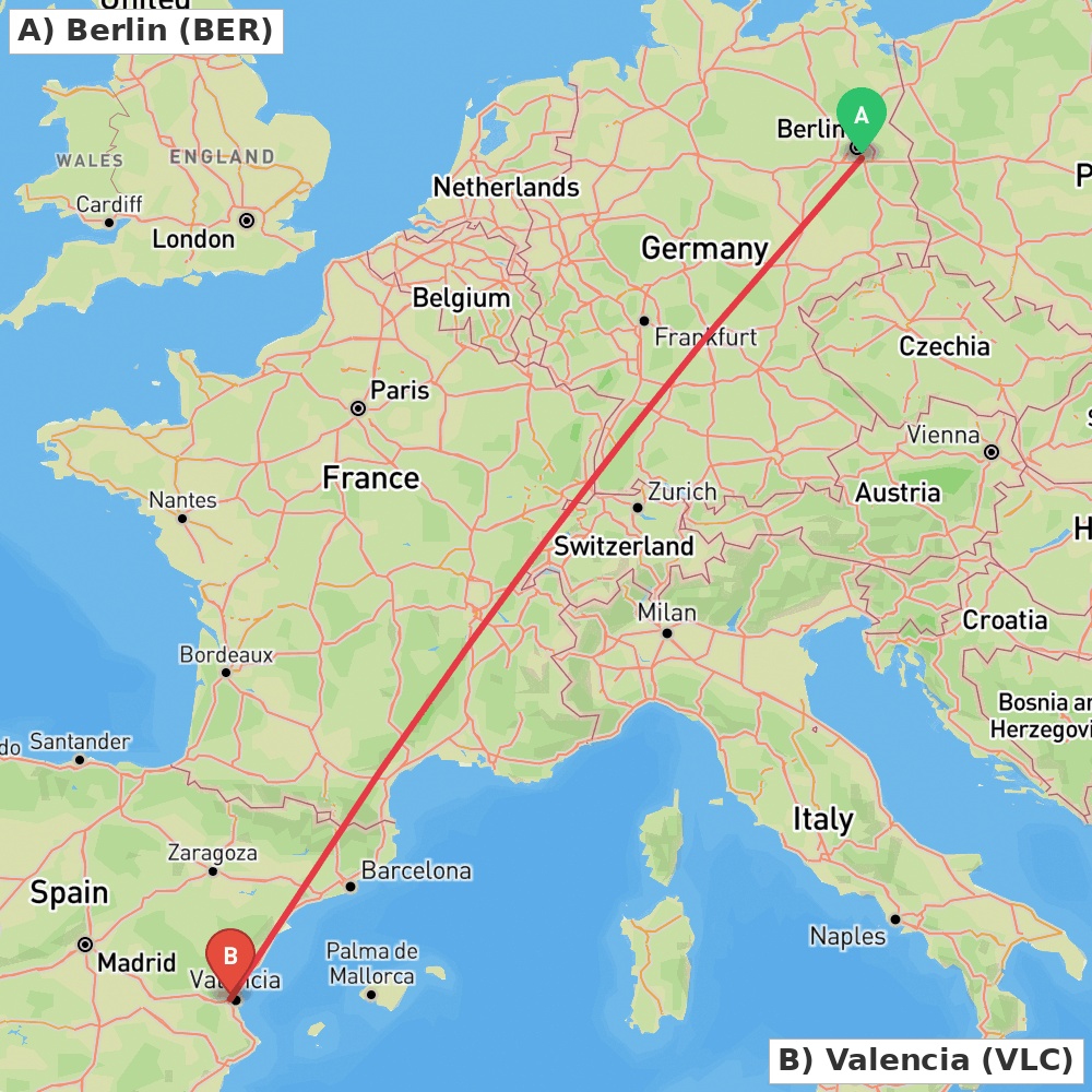Flight route map from Berlin to Valencia