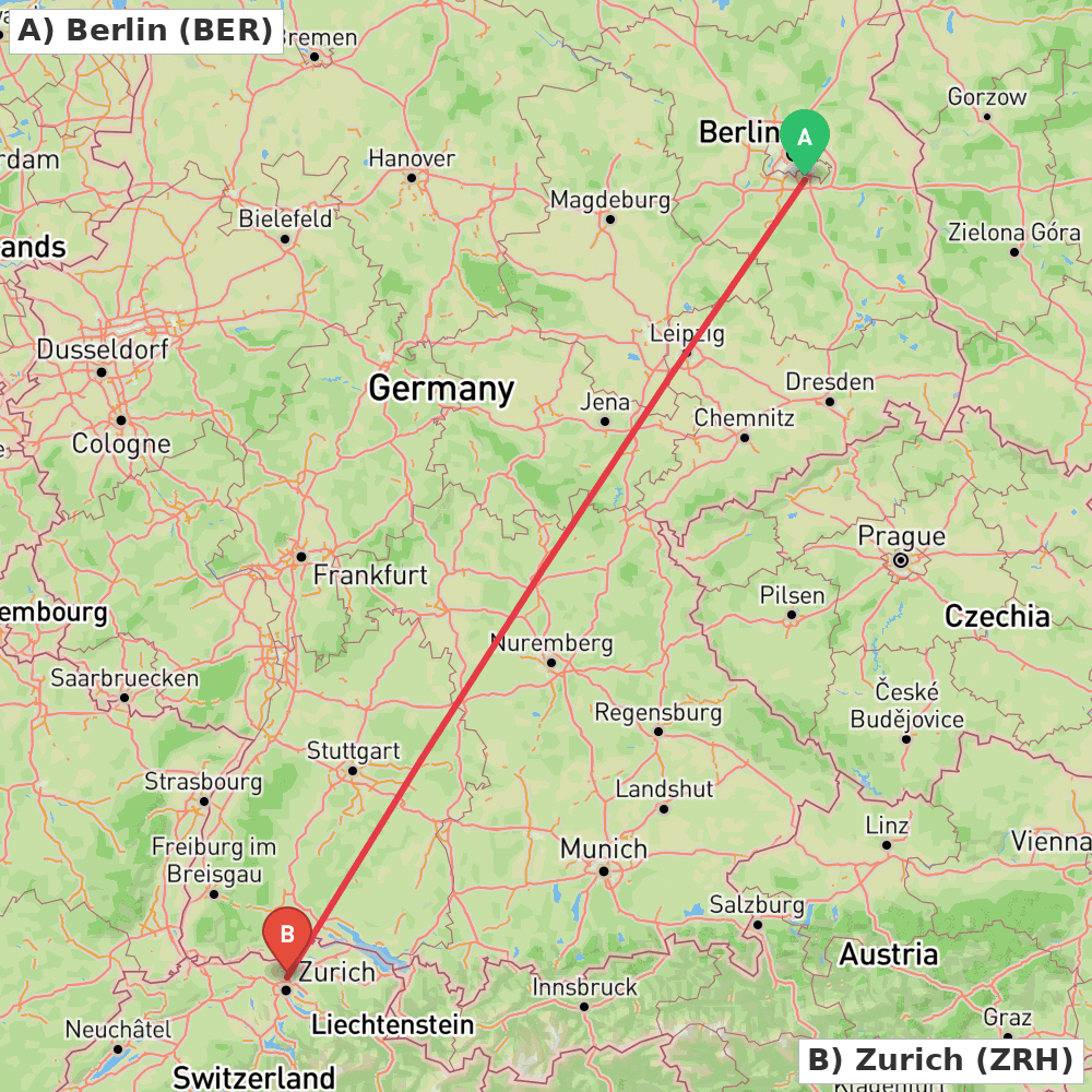 Flight route map from Berlin to Zurich