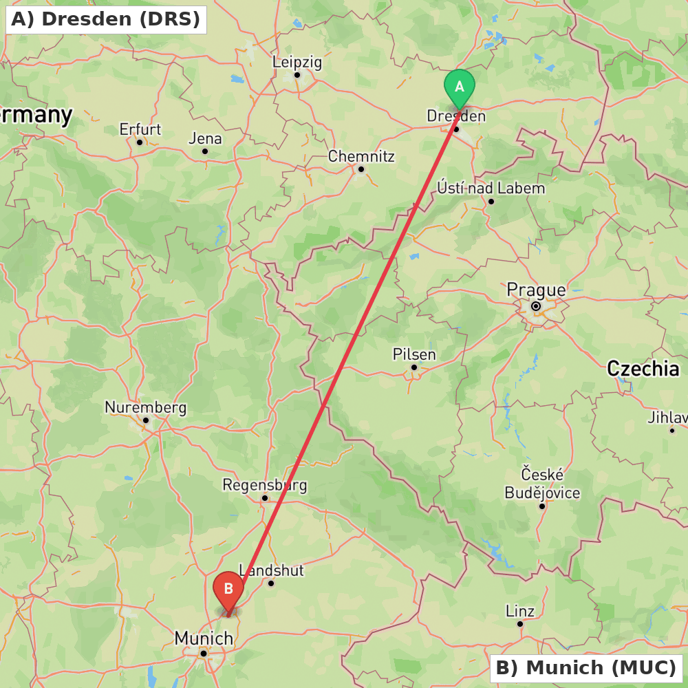 Flight route map from Dresden to Munich