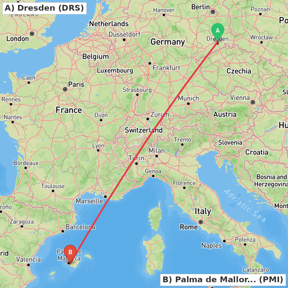 Flight route map from Dresden to Palma de Mallorca