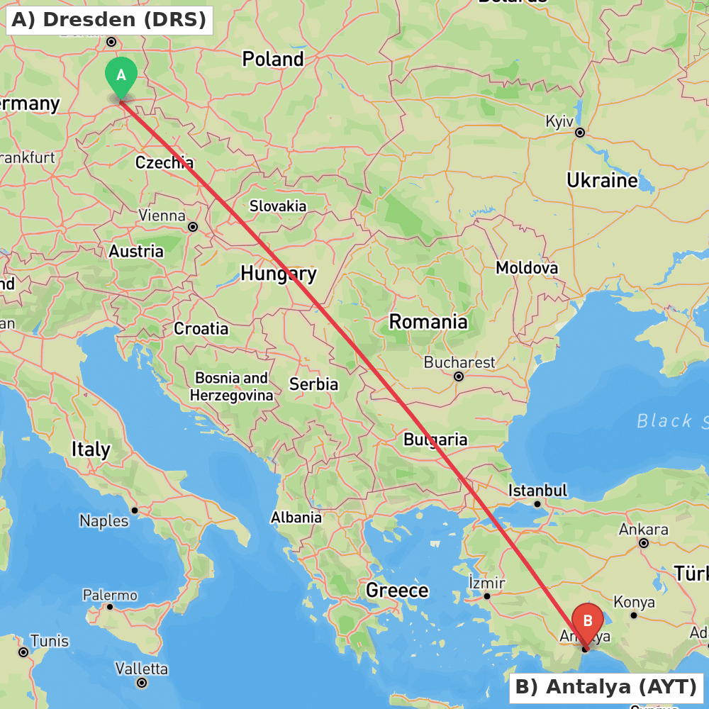 Flight route map from Dresden to Antalya