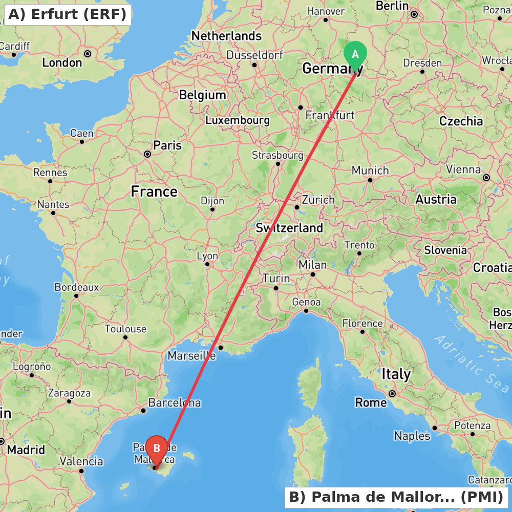 Flight route map from Erfurt to Palma de Mallorca