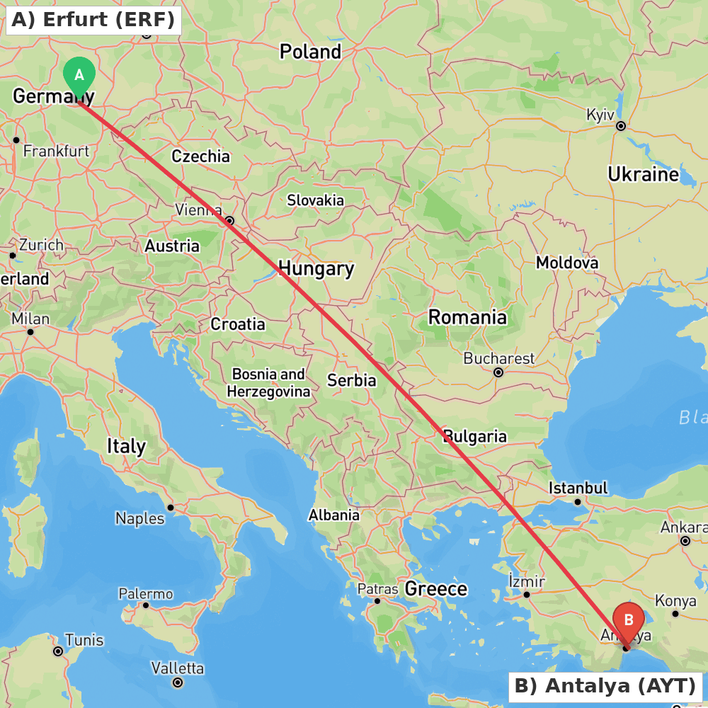 Flight route map from Erfurt to Antalya