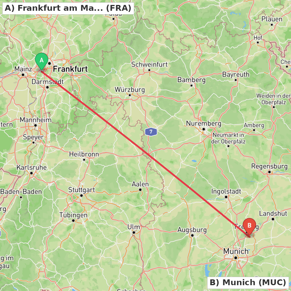 Flight route map from Frankfurt am Main to Munich