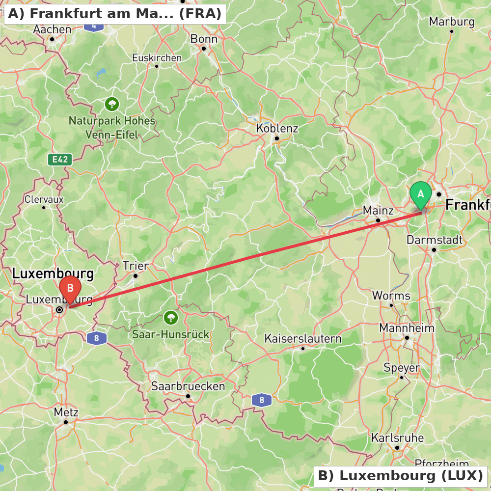Flight route map from Frankfurt am Main to Luxembourg