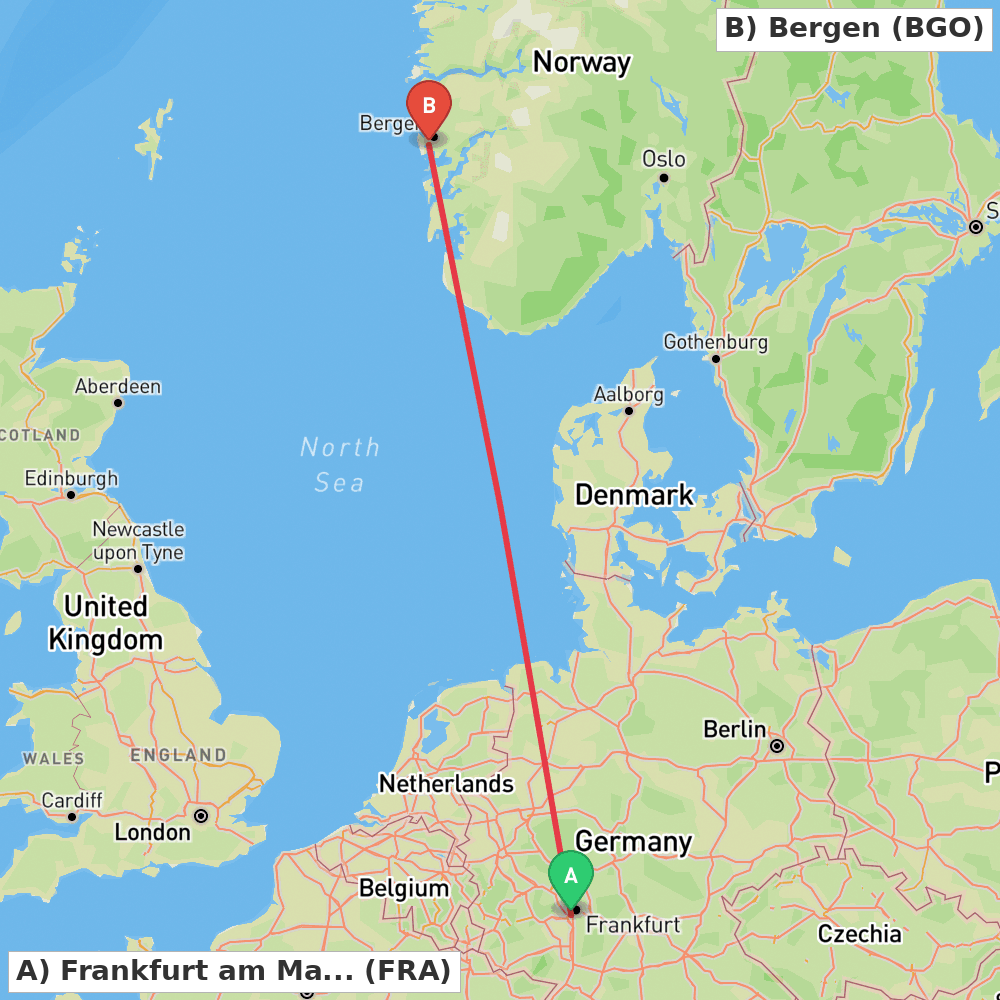 Flight route map from Frankfurt am Main to Bergen
