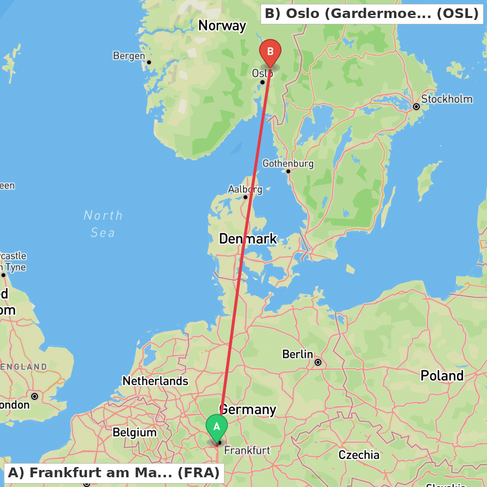 Flight route map from Frankfurt am Main to Oslo (Gardermoen)