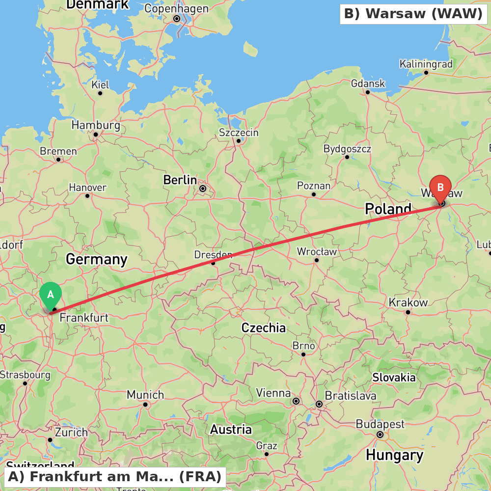Flight route map from Frankfurt am Main to Warsaw
