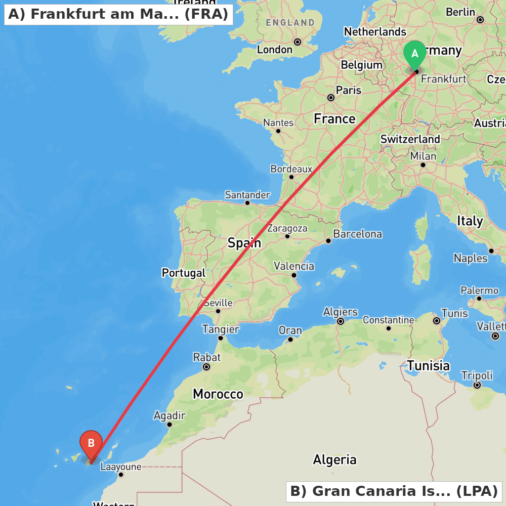 Flight route map from Frankfurt am Main to Gran Canaria Island