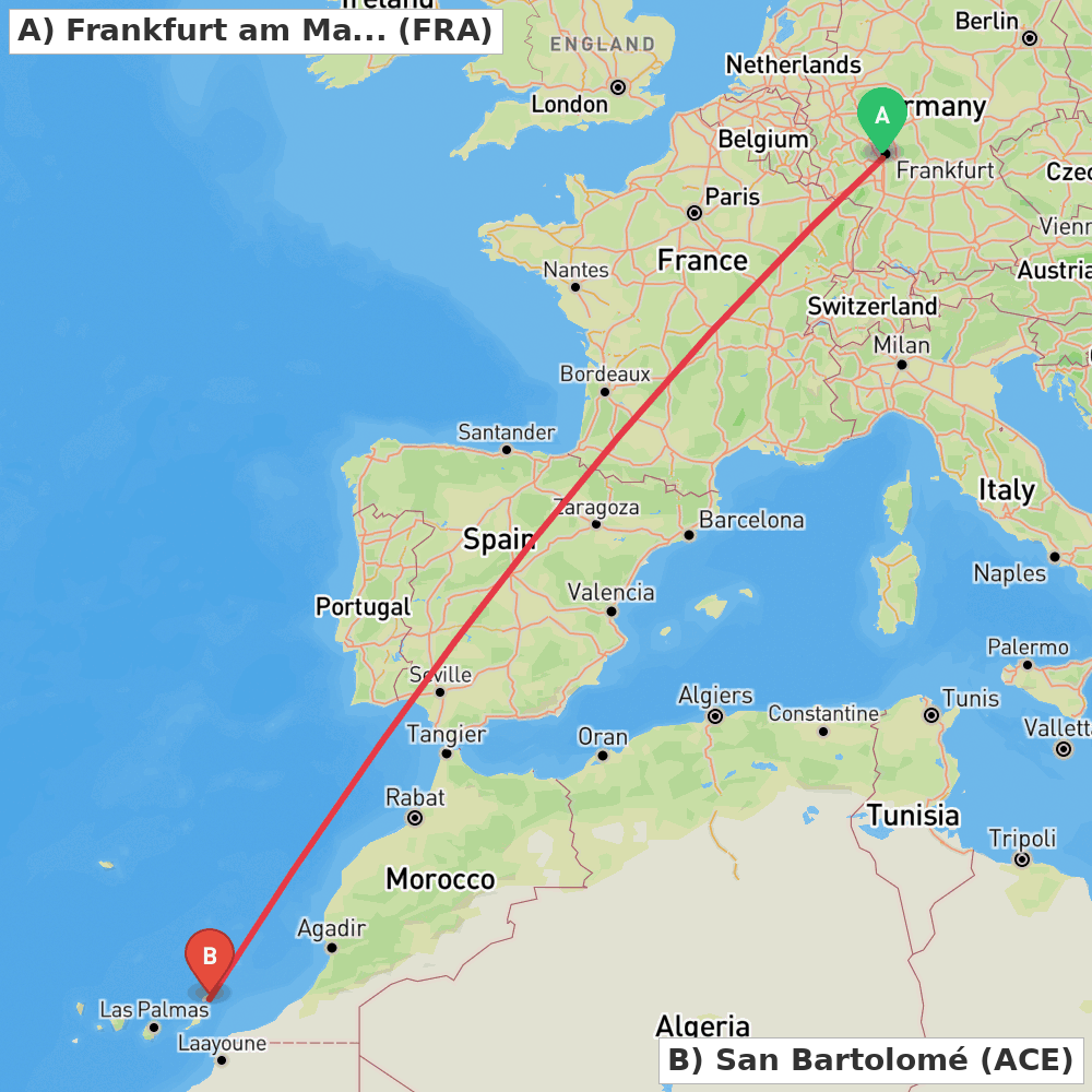Flight route map from Frankfurt am Main to San Bartolomé