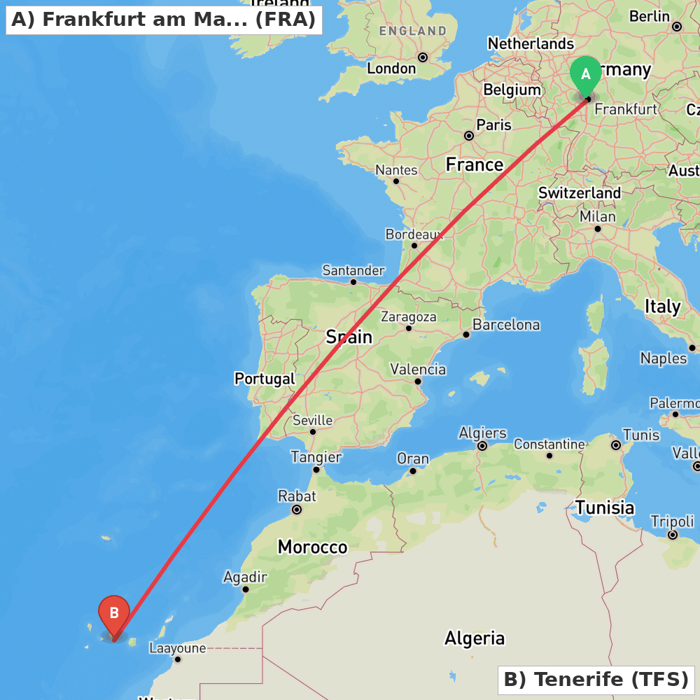 Flight route map from Frankfurt am Main to Tenerife