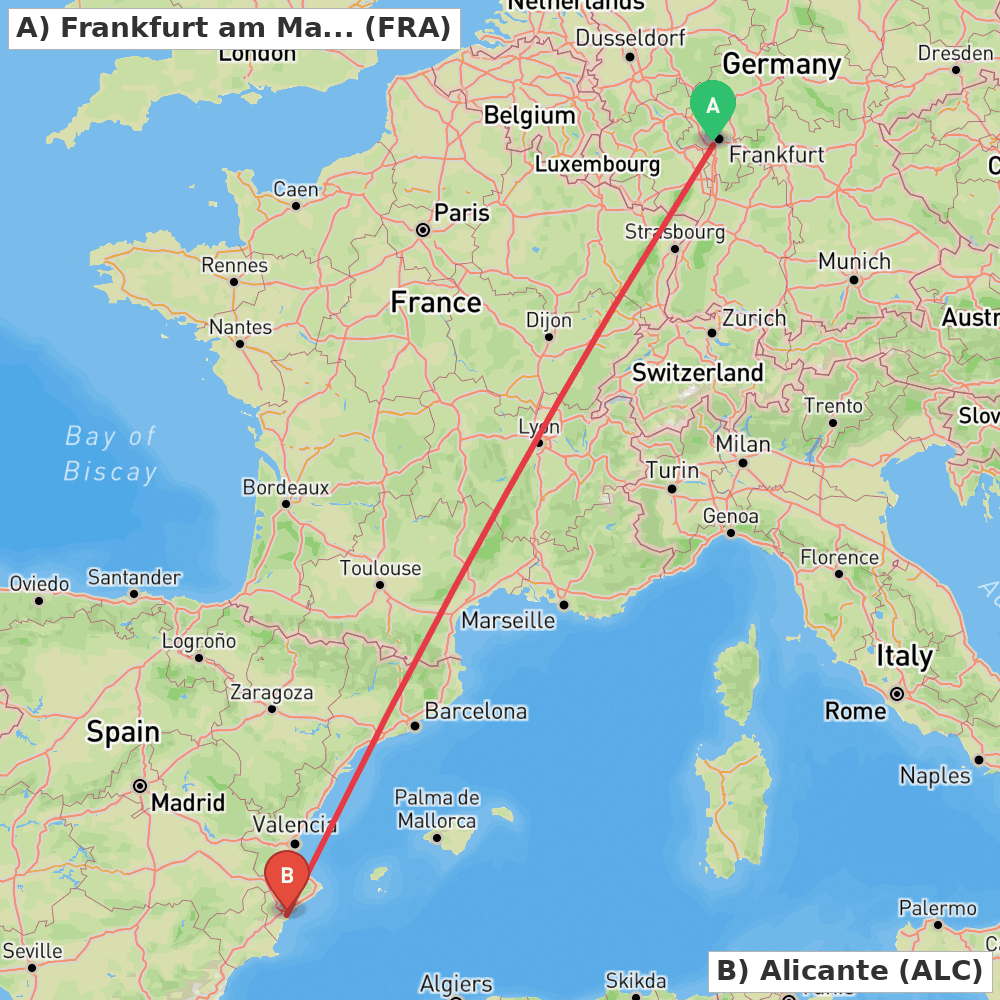 Flight route map from Frankfurt am Main to Alicante