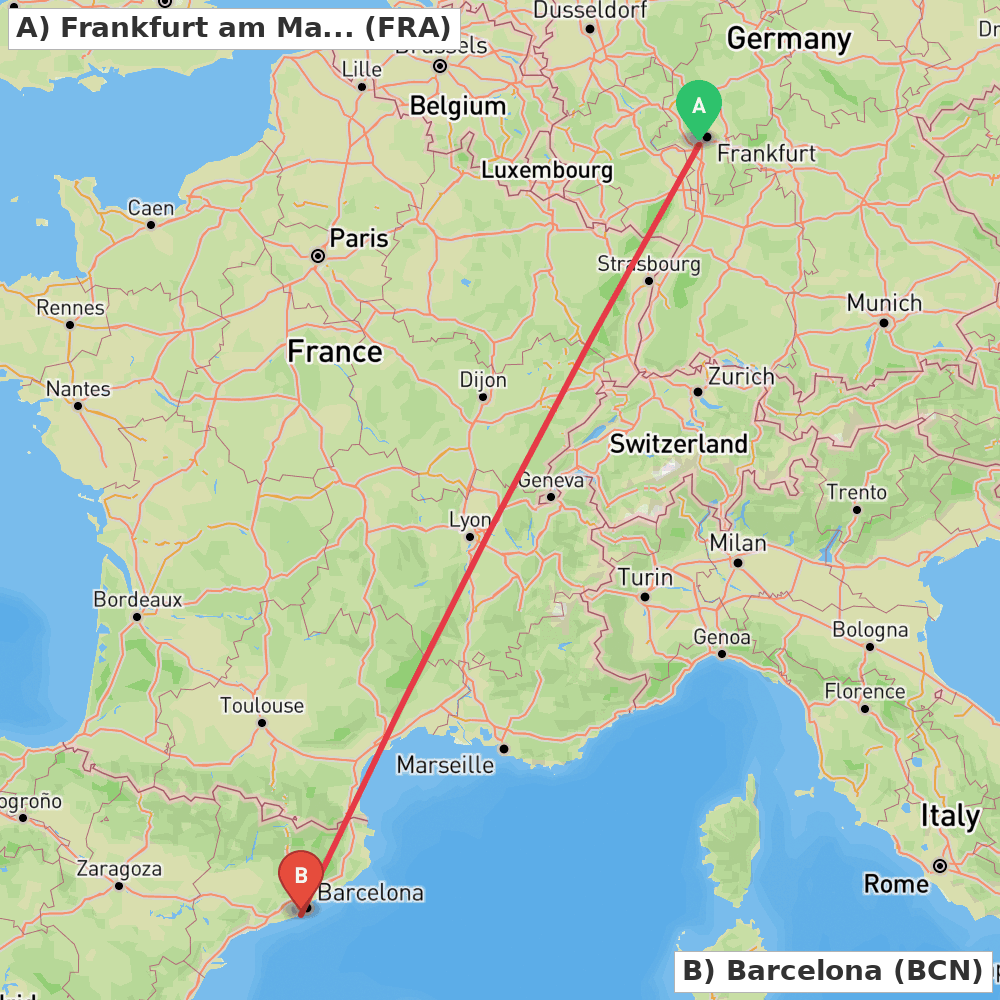 Flight route map from Frankfurt am Main to Barcelona