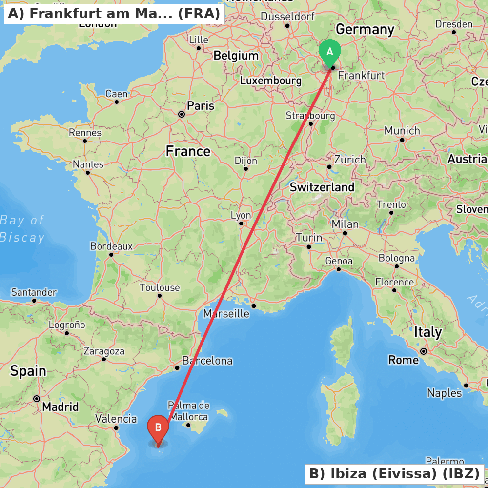 Flight route map from Frankfurt am Main to Ibiza (Eivissa)