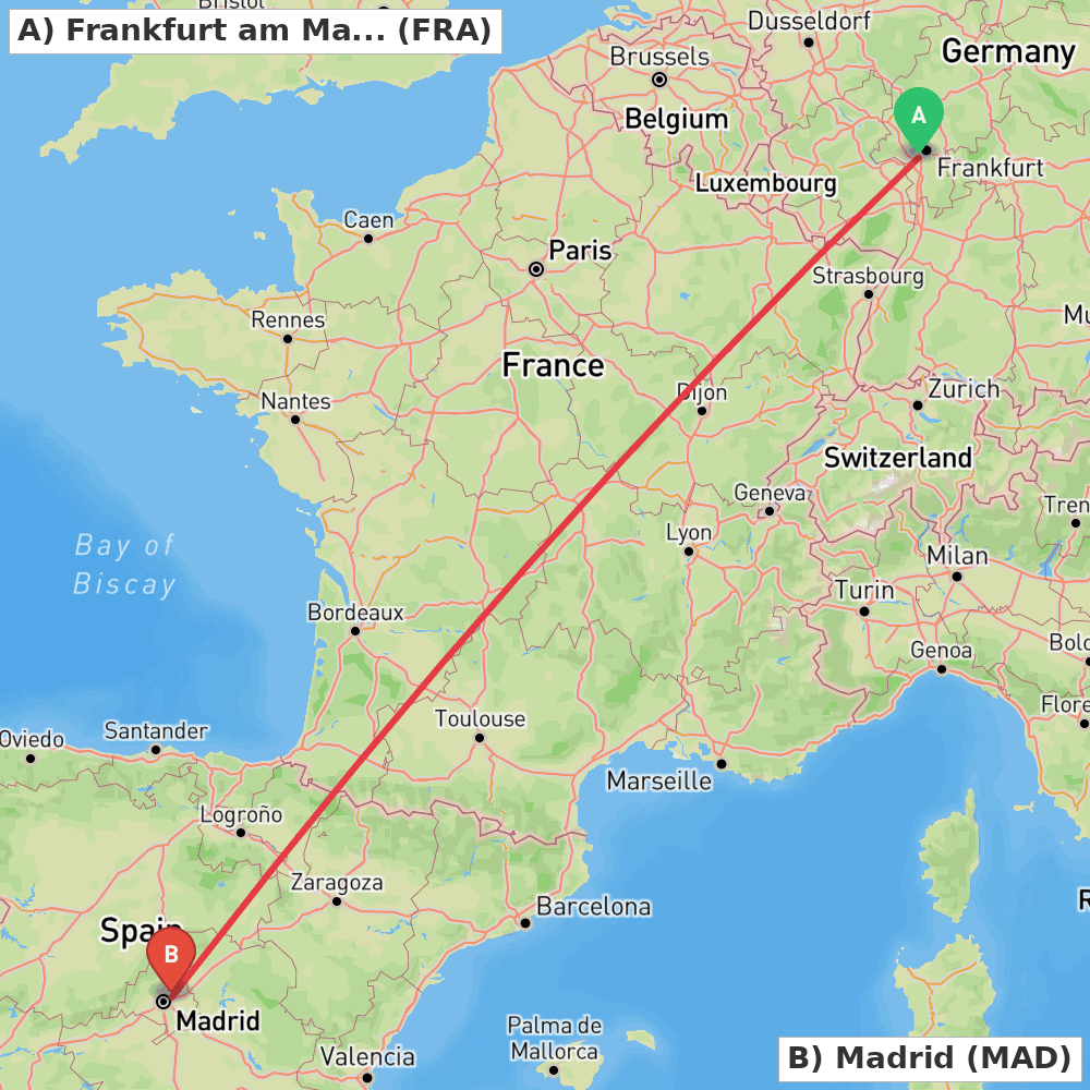 Flight route map from Frankfurt am Main to Madrid