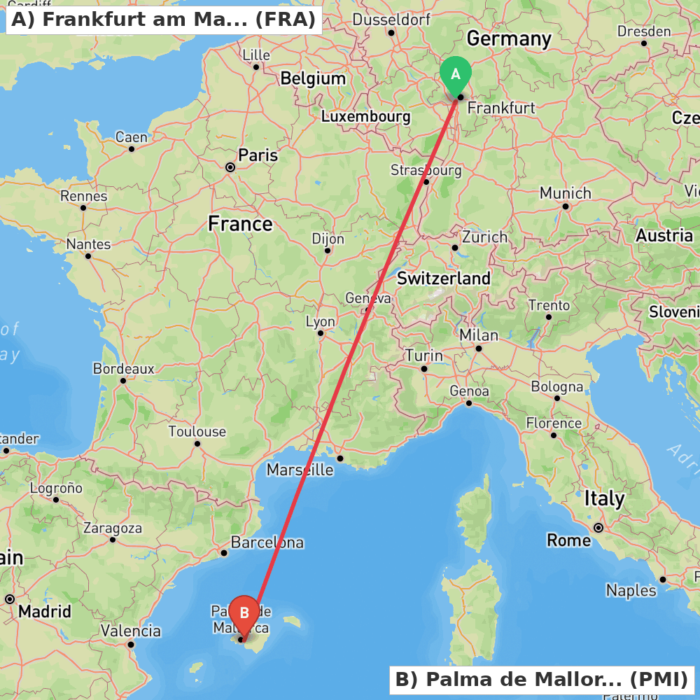 Flight route map from Frankfurt am Main to Palma de Mallorca