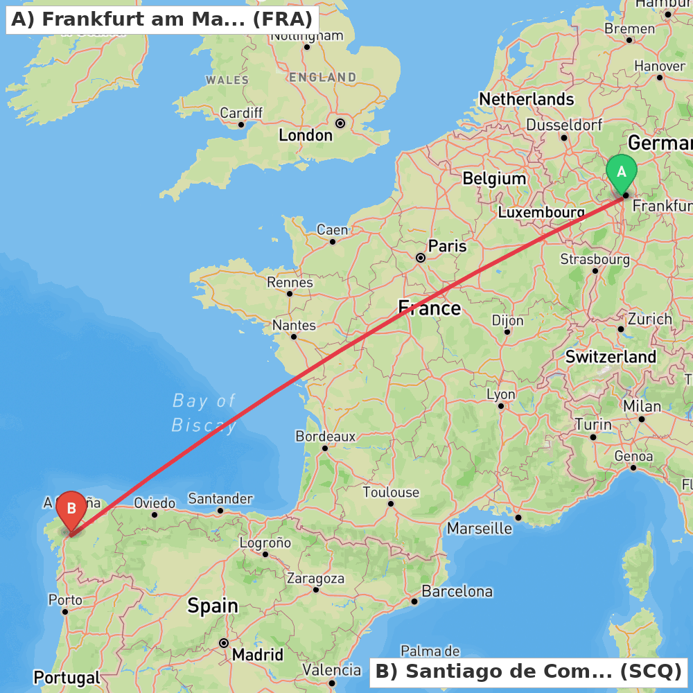 Flight route map from Frankfurt am Main to Santiago de Compostela