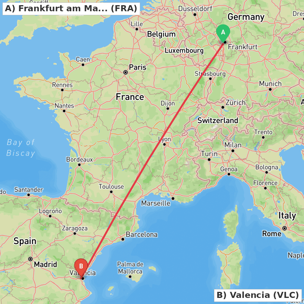 Flight route map from Frankfurt am Main to Valencia