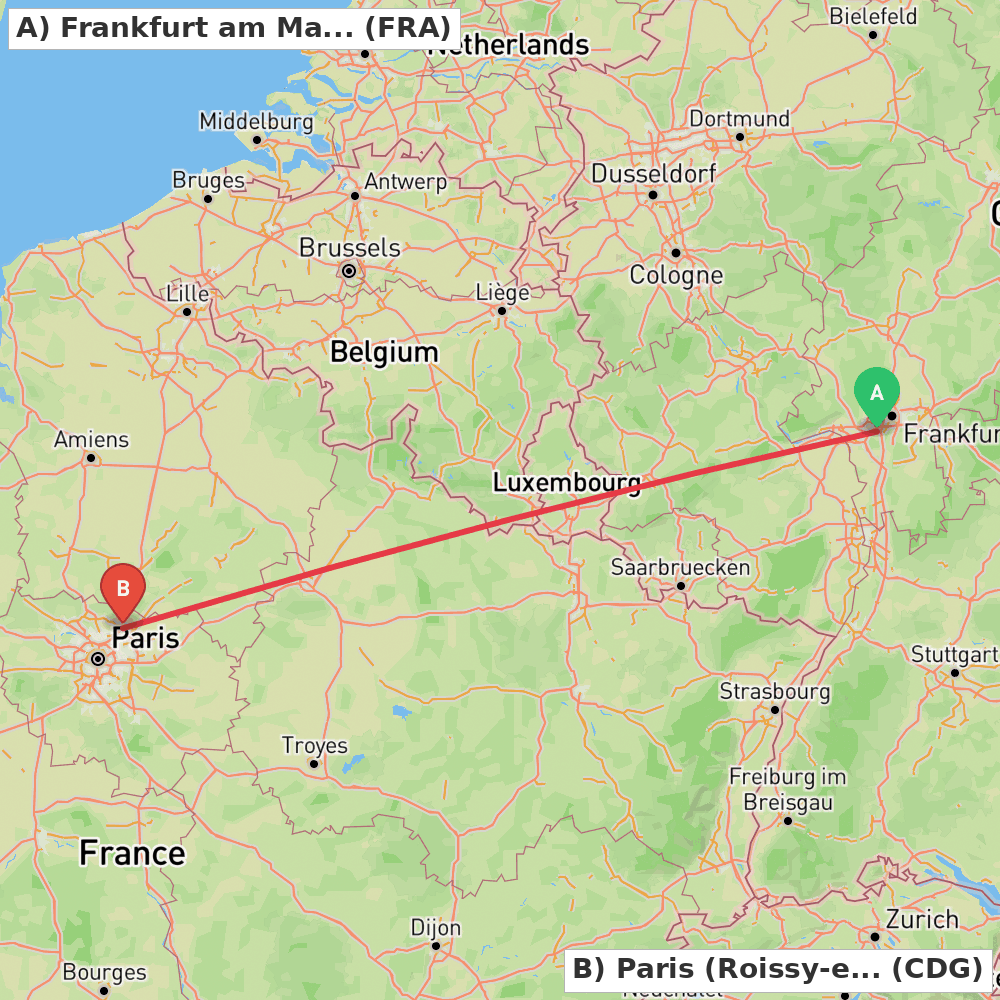 Flight route map from Frankfurt am Main to Paris (Roissy-en-France, Val-d'Oise)