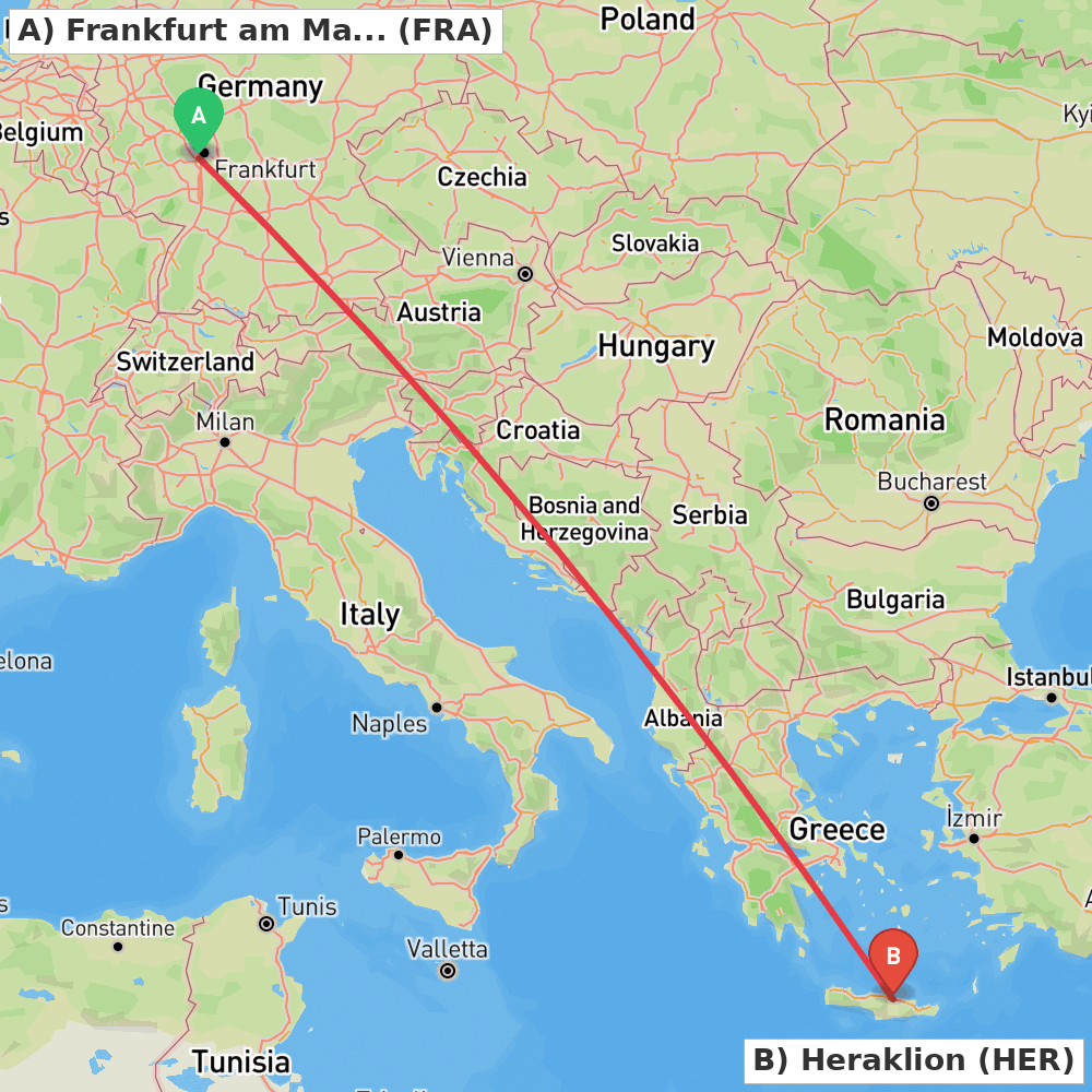 Flight route map from Frankfurt am Main to Heraklion