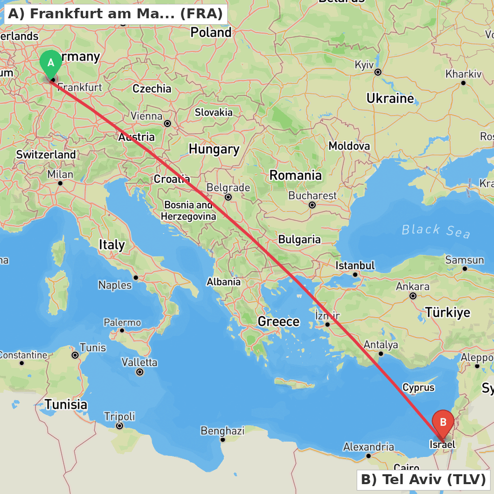 Flight route map from Frankfurt am Main to Tel Aviv