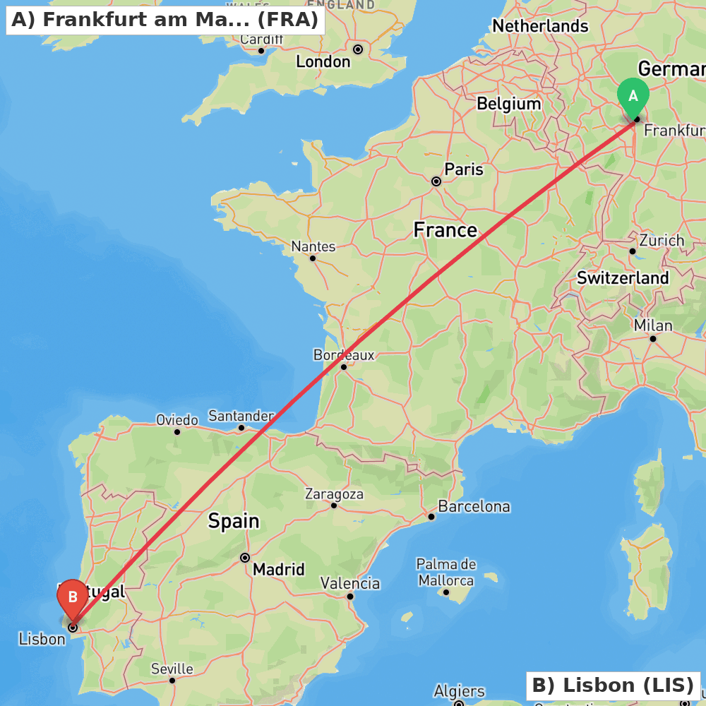 Flight route map from Frankfurt am Main to Lisbon