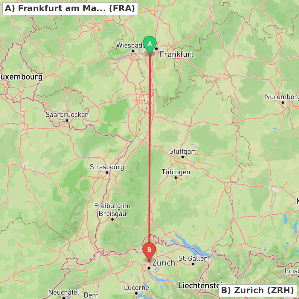 Flight route map from Frankfurt am Main to Zurich