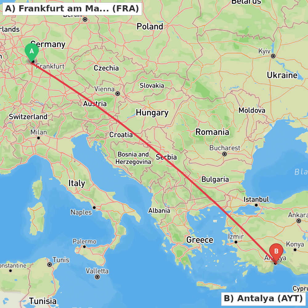 Flight route map from Frankfurt am Main to Antalya