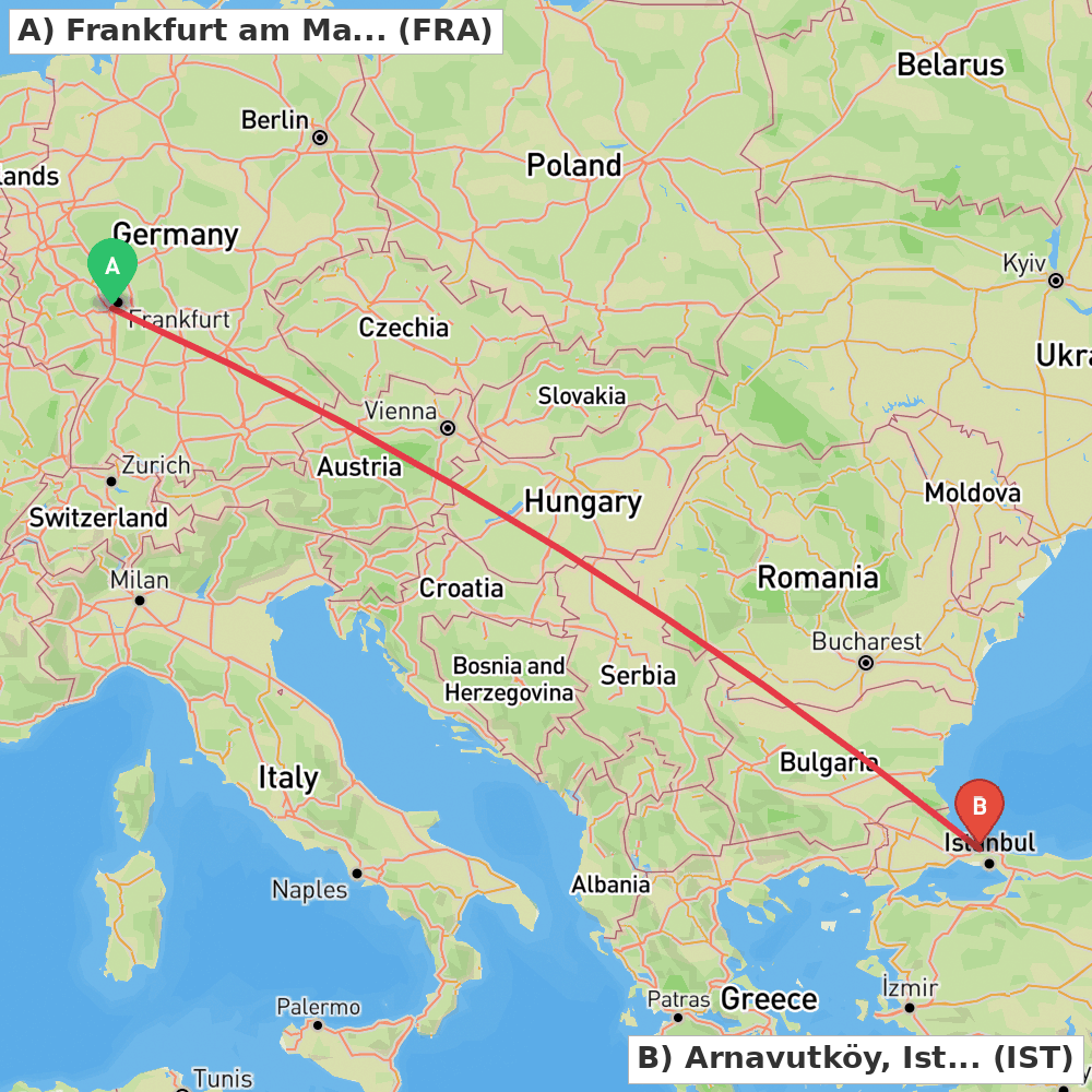 Flight route map from Frankfurt am Main to Arnavutköy, Istanbul