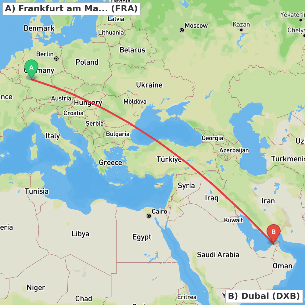 Flight route map from Frankfurt am Main to Dubai