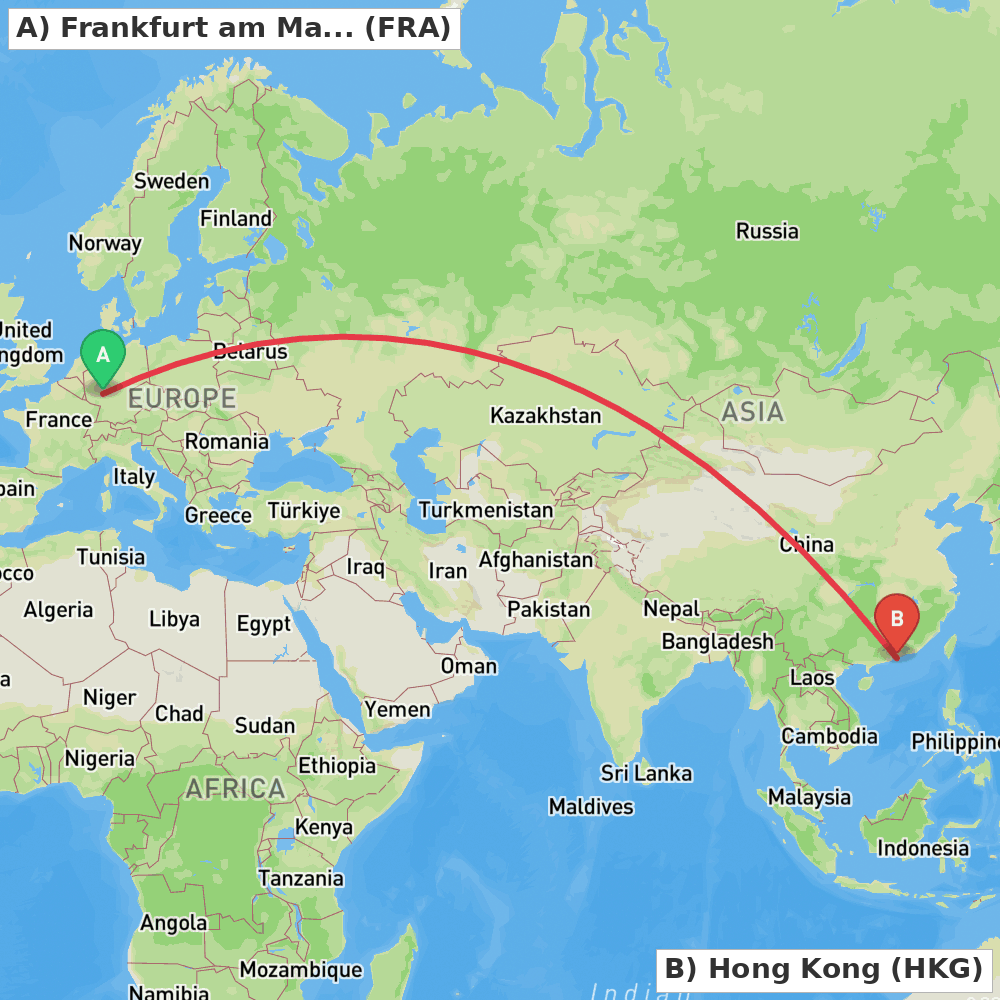 Flight route map from Frankfurt am Main to Hong Kong