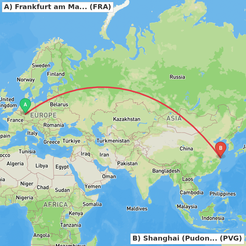 Flight route map from Frankfurt am Main to Shanghai (Pudong)