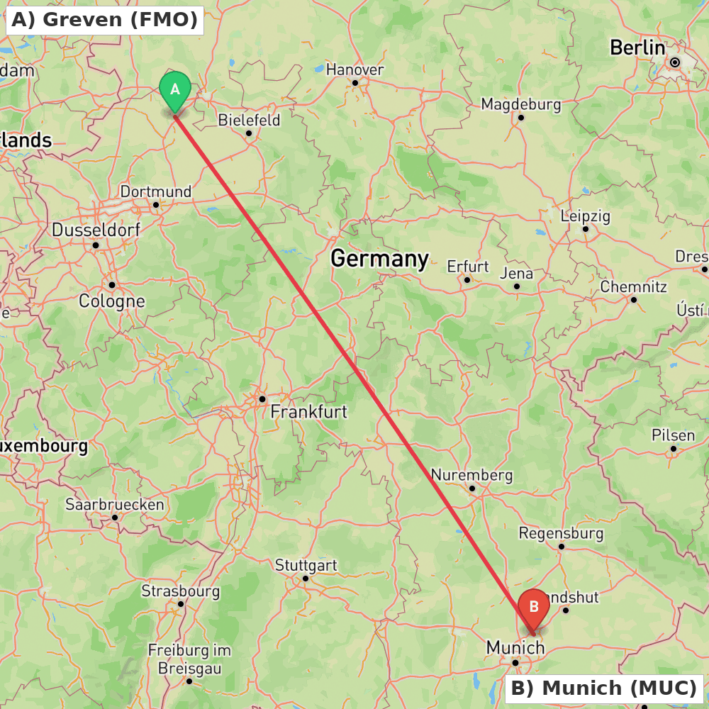 Flight route map from Greven to Munich